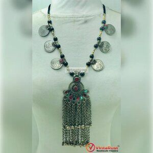 Vintage Kuchi Afghan Pendant Necklace: Beaded Coins, Tribal Jewelry